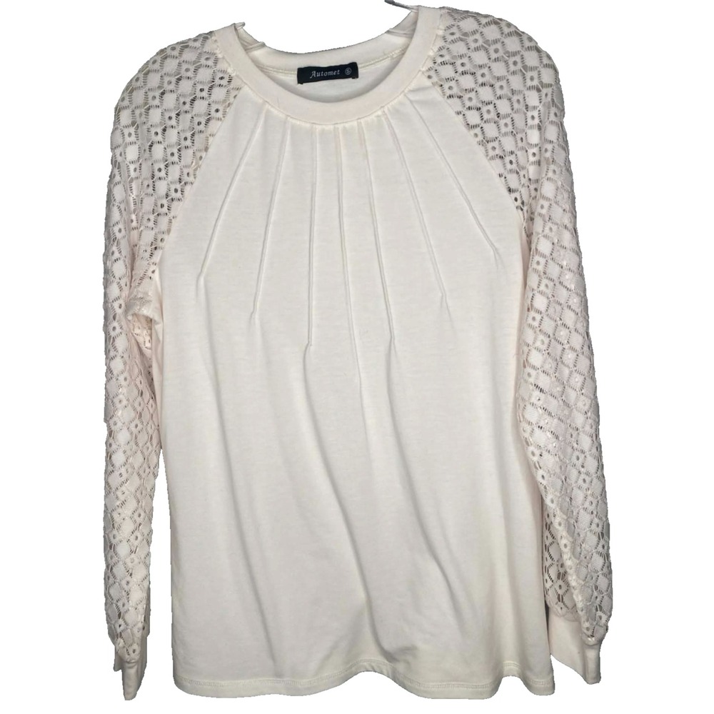 Women's Cream Crochet pleated neck Women's Blouse‎ Size Small cottagecore boho